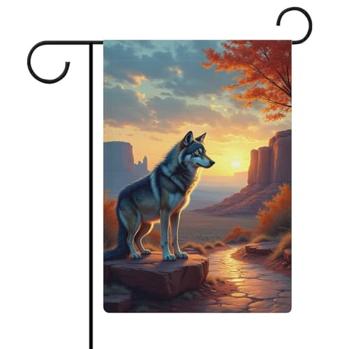 Garden Flag 12'x18' Wolf Standing On Rock Desert Design - Ideal for Desert-Themed Yard, Porch, Southwest Garden & Rugged Outdoor Decor
