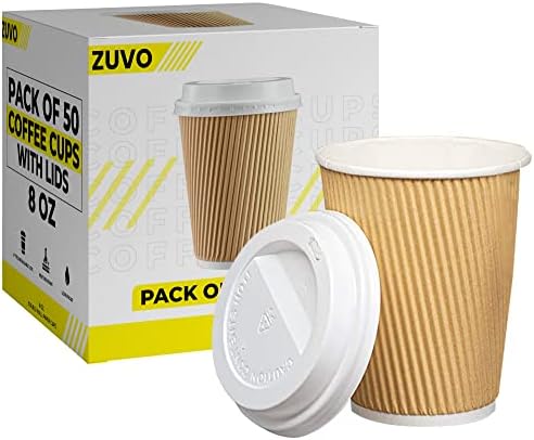 Zuvo Ripple Takeaway Paper Coffee Cups with Lids [50 Cups - 8 OZ] Best for Hot Drinks