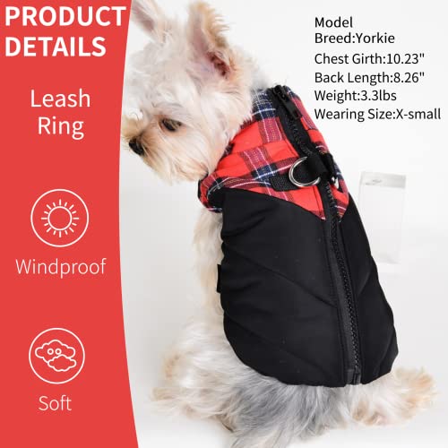 Plaid Dog Coats For Small Dogs Girl Boy Winter Jacket With Harness Hole Vest Warm Clothes For Cold Weather (X-Small, Red) #TOP2