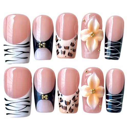 Handmade Press On Nails 3D Floral & Animal Print Medium/Short Squ...