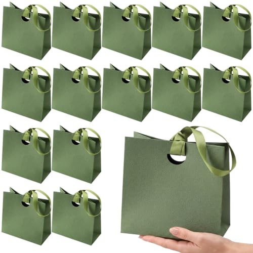 Gilprop 50 Pcs Paper Mini Green Gift Bags with Ribbon Handle Bulk 6x5.7x3