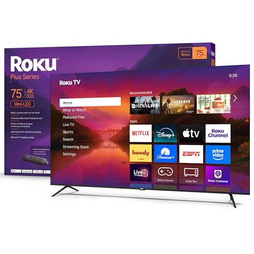 Roku 75-inch Plus Series Mini-LED QLED TV in a dark home theater room, showing vibrant colors and deep blacks