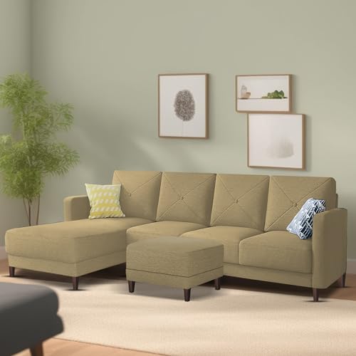 Image of Baloney LHS 6 Seater L Shape Sofa Set with Center Table for Living Room (Cream Fabric) Premium Fabric Sofa