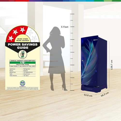 Image of Bosch 187 L,3 star,Smart Inverter,Direct-Cool Single Door Refrigerator,Feather Blue(CST18B33PI)|18 Hrs Cooling Retention |Super Freeze|XL Vegetable Box|Base Drawer|Beverage Space|2.5x Faster Cooling