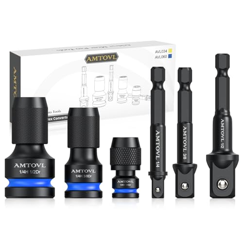 AMTOVL Impact to 1/4 Hex Converter - 1/2 3/8 1/4-INCH Drive Female to 1/4-Inch Hex Adapter with 3PCS Socket Adapter Set for Ratchet Wrench Drivers, Impact Bit Holders, Quick-Change Chuck (Blue)