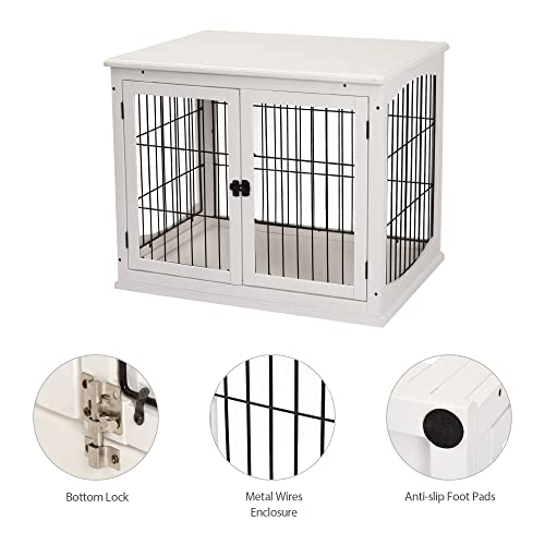 Pawhut Pet Crate End Table Wooden Dog Kennel Cage W/Metal Wire 3 Doors Latches Small Animal House Modern Design Indoor White 58.5 X 81 X 66 Cm #TOP6