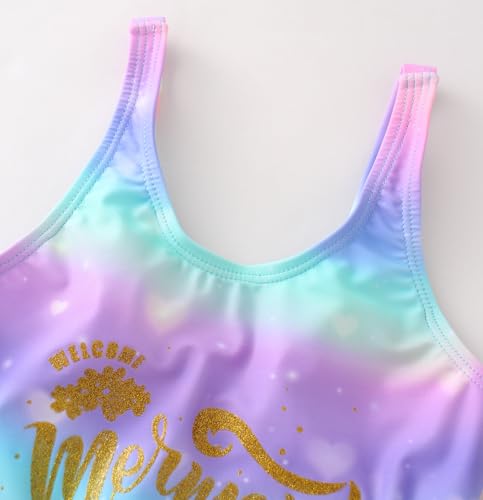 Akokvlar Girl One Piece Swimsuit Rainbow Mermaid Bathing Suit Floral Swimwear3