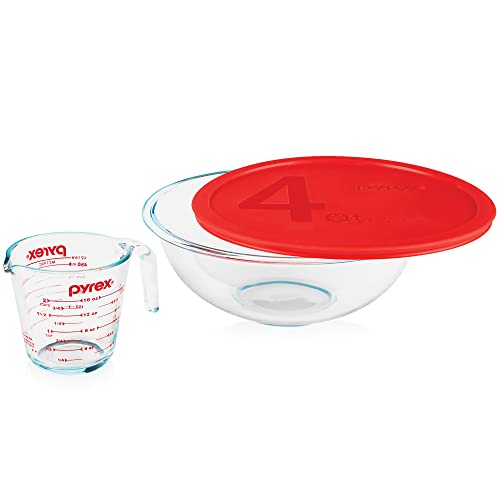 Pyrex Smart Essentials 3-Piece Glass Prep Set, 4-QT Glass Mixing Bowl with lid and 2-Cup Measuring Cup, Dishwasher, Microwave and Freezer Safe, Essential Kitchen Tools by Pyrex - Used condition - US$22.83