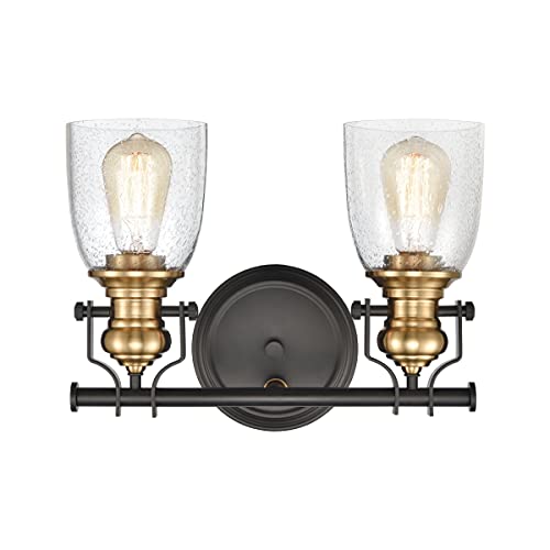 Image of Elk Home Chadwick 2-Light Industrial Vanity Wall Sconce - Oil Rubbed Bronze & Antique Brass, Seeded Glass Shade, 14 Inch Wide
