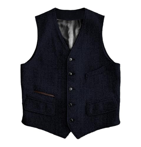 Image of SOLOVEDRESS Mens Vintage Classic Herringbone Pattern Suit Vest V Neck Casual Wool Blend Waistcoat for Men