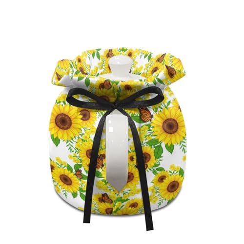 Image of Tea Cosy Butterfly Sunflower Print Teapot Dust Cover Tea Cozies Kitchen Home Decorative Insulated Tea Pots Cozy Kettle Warmer Cover with Drawstring