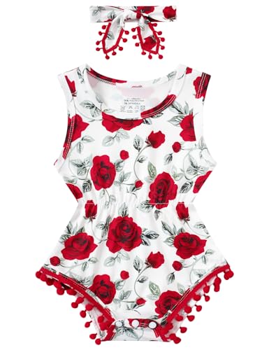 UNICOMIDEA Baby Girl Clothes Summer Red Floral Infant Girl Romper Sleeveless Toddler Bodysuit With Headband One Piece Infant Jumpsuit Clothing for 12-18 Months Beach