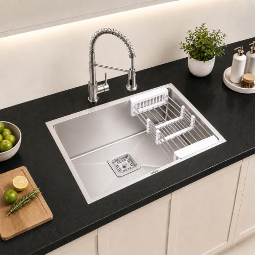 Image of ARQUIN Kitchen Sink 30x18x10 Inch Handmade Single Bowl Matt Finish Kitchen Sink 304 Grade Stainless Steel Kitchen Sinks|Sink For Kitchen Basin Square Drainer and Adjustable Fruit Basket