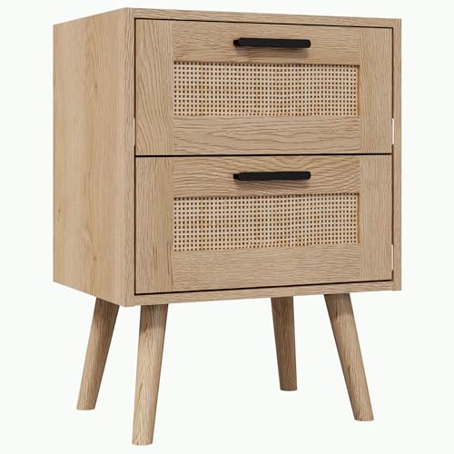 Panana Bedside Tables with Power Strip Side Table with 1/2 Hand Made Rattan Decorated Drawers Wood Nigntstand End Table for Living Room Bedroom and Small Spaces (Wood 2 Drawers)