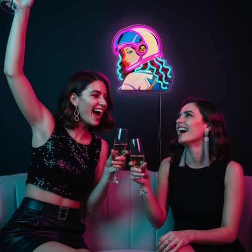 Image of Helmet Girl Neon Sign, Retro Motorcycle Babe LED Neon Light, UV Printed Dimmable Garage Neon Signs for Wall Decor, Man Cave, Bar, Game Room, Bedroom, Gift for Motorcycle Lovers, Riders, Clubs Fans