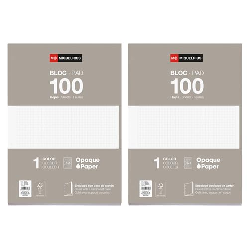 Miquelrius - Blocs de recambio de hojas cuadriculadas A4, Recambio de hojas perforadas para archivador 4 anillas, 200 hojas A4 con cuadrícula 5 mm, Papel que evita que la tinta traspase, Gris