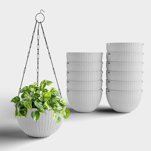 Image of YUCCABE ITALIA SHERA URO-Basket Plastic Flower Pot with Drainage Holes Round Planter Pot Suitable for Inddor Outdoor Kitchen (White, 8 INCH - 12 Pcs)