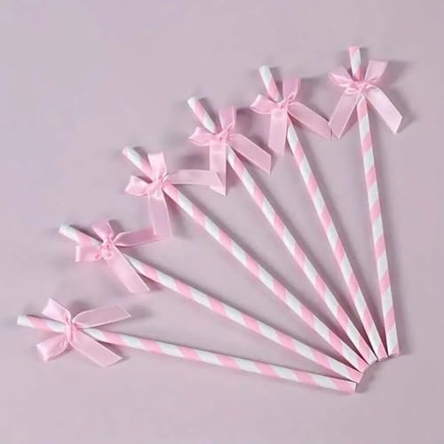 50 Pitillos de Papel Rayados con Moño Rosa miniatura 3