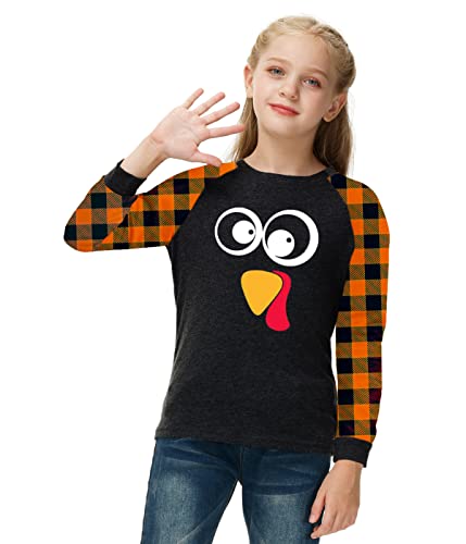 Image of Remimi Girls Thanksgiving Shirts Buffalo Plaid Raglan Tee Cute Turkey Holiday Party Long Sleeve Tshirt 5-14 Years