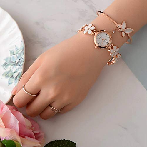 Relógio Feminino Dourado Pulseira Com Pedras Flor Analógico