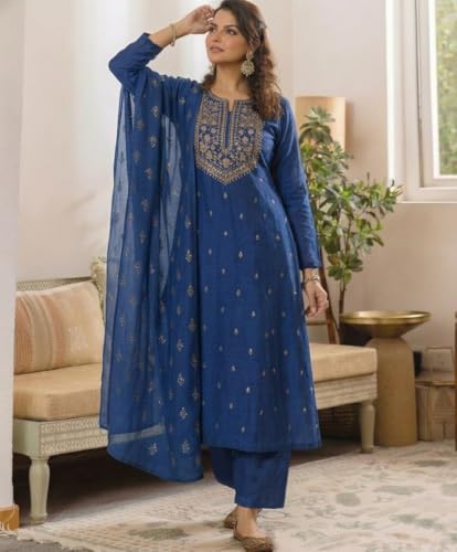 Image of ANNI Designer Women's Viscose Straight Printed Embroidery Kurta with Pant & Dupatta | Long Sleeve Ethnic Kurta Set for Women | Casual Office, Daily, Party Outfits