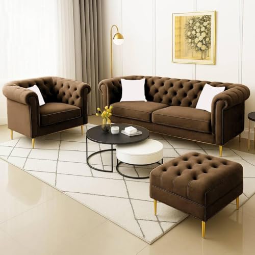 Image of Chesterfield Velvet Upholstery 3-Seater with Armchair and Footrest, Design in 3+1+Footrest Sofa for Living Room, Bedroom, Hallways (Brown)