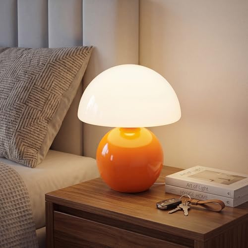 Dawnwake Lampada Da Tavolo Comodino, Lampada Da Scrivania LED Dimmerabile, Abat Jour in Vetro a Forma Di Fungo Con Base in Ceramica, Arredo Per la Casa Per Camera Da Letto, Soggiorno (Arancia)