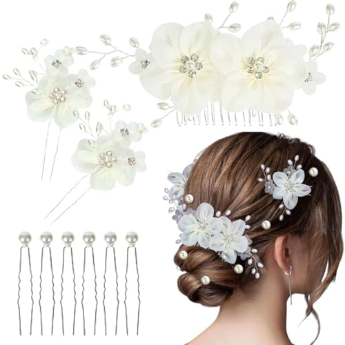 [TIGLOSS] 髪飾り ヘアアクセサリー 結婚式 ヘッドドレス ヘアピン パール 髪留め 花 お呼ばれ 発表会 コーム まとめ髪 パーティー ヘアアレンジ 小物（シルバー）（Amazon）
