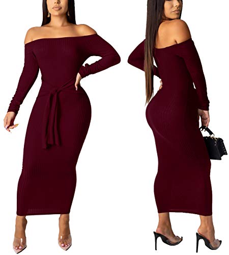 Women's Elegant Off Shoulder Long Sleeve Dresses Bodycon Long Maxi Stretchable Ribbed Knit Pullover Sweater Dress with Connected Belt Slim Fit