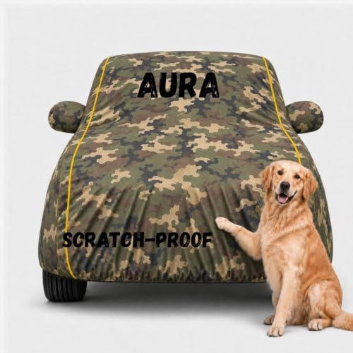 Image of 3 Layer Waterproof Car Body Cover for Aura All Weather Protection Comes with Inner Cotton Lining & Triple Stitched with Mirror & Antenna Pocket Belt & Elastic Fit (Army)