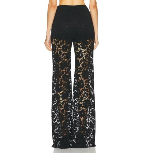 Women Sexy Floral Lace Pants Solid Color High Waist Straight Pant Casual See Through Lace Long Pant Streetwear3