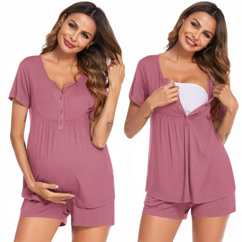 Image of Ekouaer Women's Maternity Nursing Pajama Sets Short Sleeve Postpartum Pajamas Breastfeeding Pregnancy Clothes