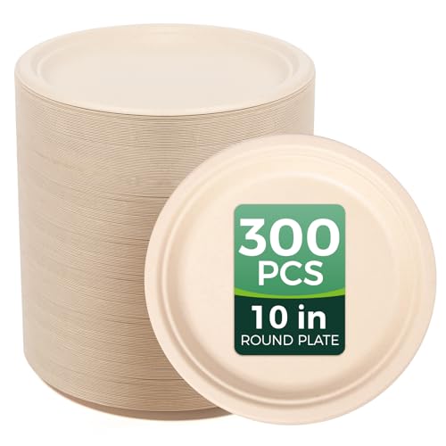 hooray mida 100% Compostable Paper Plates - 10 Inch, Bulk 300 Count - Disposable, Heavy Duty, Biodegradable Plates Made of Bagasse - Eco-Friendly, Large Size (Natural)