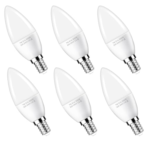 Flaspar Ampoules Bougie à LED E14, 7W Équivalent 60W, Blanc Chaud 3000K, 600 Lumens, Pour éclairage décoratif, Les Lampes de Table, Non Dimmable, Lot de 6