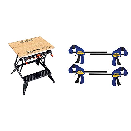 BLACK+DECKER Portable Workbench, Project Center and Vise with IRWIN QUICK-GRIP Clamps, One-Handed, Mini Bar, 6-Inch, 4-Pack (WM425-A & 1964758)