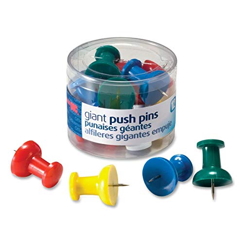 Officemate Giant Push Pins 1.5 Inch, Assorted Colors, Tub of 12 (92902) (12)