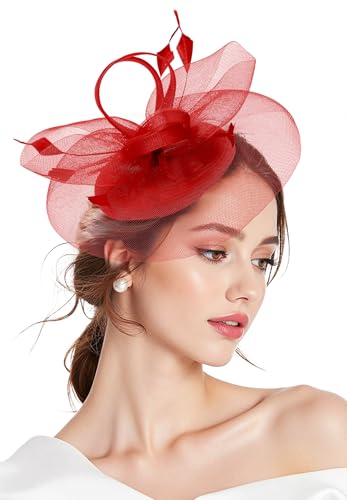 Zando 2026 Fascinators Hats for Women Ken-tucky Derby Flower Tea Hat 20s Mesh Feathers Headband Hair Clip for Wedding Cocktail Vintage Pillbox Church Hat Headwear Red Fascinator Headband One Size