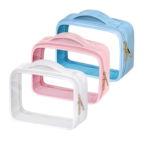 Ebbniur Clear Cosmetic Bags 3pack Makeup Toiletry Bag with Handle Travel Essentials for Men and Woemn(Blue+White+Pink)