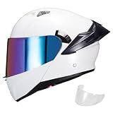 JQF Gear Modular Motorcycle Helmet Dual Visor Flip Up Full Face Helmets SJ-809 DOT Approved for Adults Men Women (Gloss White-Rainbow Visor, M)