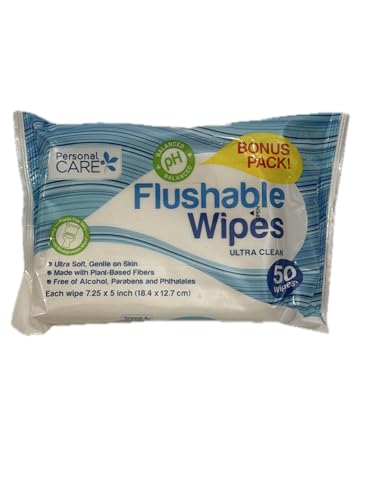 Ultra Clean Flushable Wipes, pH Balanced, Plant-Based Fibers, 50 Count, Alcohol-Free, 7.25 x 5 inch (1 Pack)