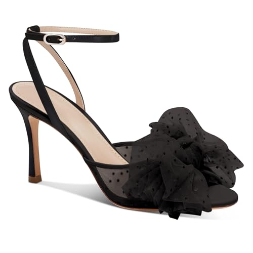 Coutgo Womens Bow Tie Heels Sandals Slingback Peep Toe Wedding Heels Mesh High Stiletto Heel Summer Cute Wedding Bridal Shoes