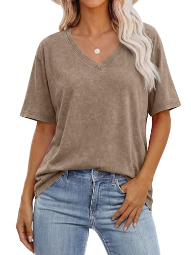 ANRABESS Womens Oversized Acid Washed T-Shirt Short Sleeve Vintage Casual V Neck Tops 2026 Summer Basic Tee Trendy Clothes Coffee Medium