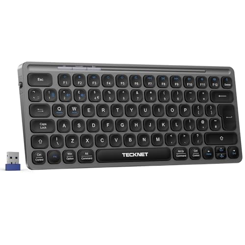 TECKNET Wireless Keyboard - 2.4GHz USB Small Compact Rechargeable Bluetooth Keyboard with 500mAh Battery Capacity for 3 Devices, Widely Compatible with Laptop, PC, UK Layout, Grey