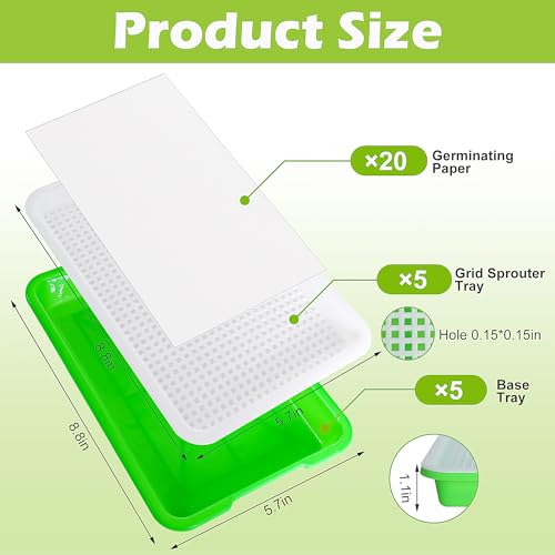 EBaokuup 5 Pcs Seed Sprouter Tray with Drain Holes - BPA Free Seed Germination Propagation Trays, Soil-Free Wheatgrass Bean Sprouts Microgreens Growing Kit with Germinating Paper