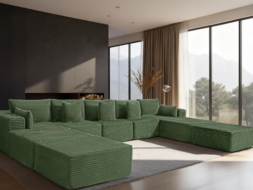 Image of 168 inch Cloud Sectional Couch, Comfort U Shaped Sofa for Living Room, Extra Deep Seats No Assembly, Minimalist Modular Couch, Corduroy (Olive Green, 9 Seats,U-Shape B)