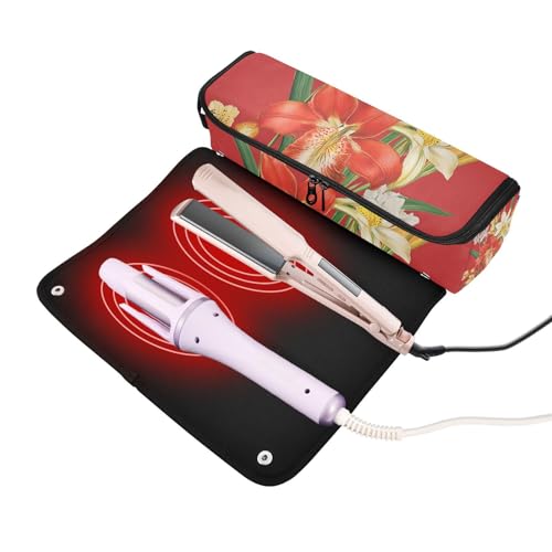 Estuche de viaje 2 en 1 para planchas y rizadores con tapete resistente al calor y espacio para secador. Diseño floral Orchid Canna Rojo miniatura 2