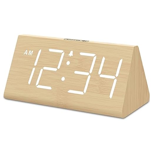 DreamSky Wooden Digital Alarm Clocks for Bedrooms - Electric Desk Clock with Large Numbers, USB Port, Battery Backup Alarm, Adjustable Volume, Dimmer, Snooze, DST, 12/24H, Wood Décor (White)