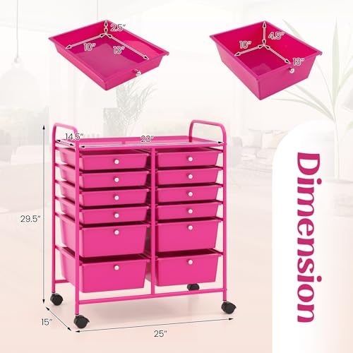Image of LDAILY 12 Drawer Rolling Storage Cart, Craft Cart Organizer on Wheels w /Metal Frame, Large Capacity & Smooth Drawer, Rolling Cart w /Drawers for Classroom, Office