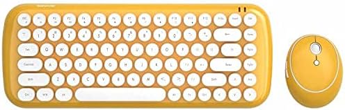 Wireless Keyboard and Mouse Combo, Mini Portable 84-Key Typewriter Retro Round Keycaps Keyboard, Compatible with Android, Windows, PC, Tablet, Perfer for Home and Office Keyboards (yellow)