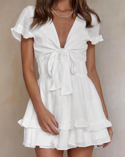 PRETTYGARDEN Women Summer Mini Short Dress 2025 Short Sleeve Casual Beach Vacation Sundress V Neck Tiered Sun Dresses
